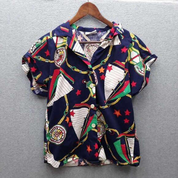 Vintage Laura Mae Nautical Print Button-Up Blouse With Short Sleeves Navy Red & - Picture 1 of 3